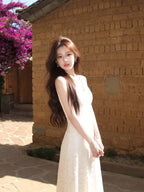 Beige Lace V-Neck Sleeveless Maxi Dress