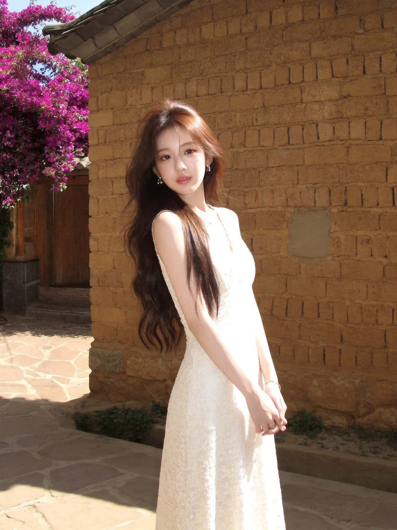 Beige Lace V-Neck Sleeveless Maxi Dress