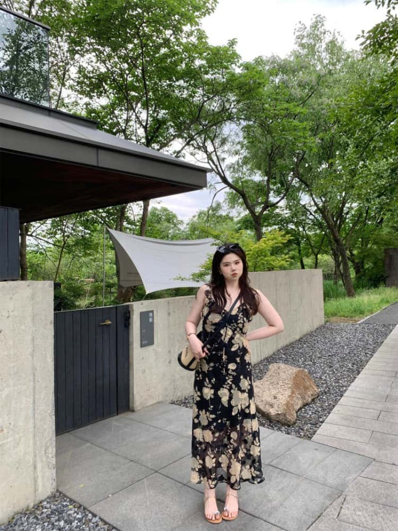 Black/Yellow Floral V Neck Spaghetti Strap A Line Maxi Dress