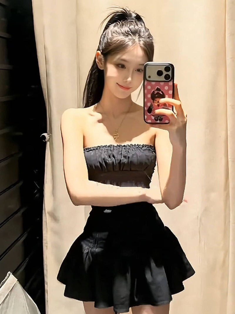 Black Strapless Ruched Ruffle Hem A-Line Mini Dress