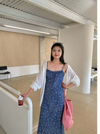 Blue Floral Tie Front Spaghetti Strap Maxi Dress