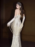 Ivory Sequin Mermaid Maxi Dress With Gloves