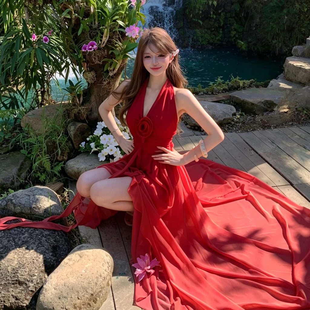 Red Halter Flower Draped A-Line Maxi Dress