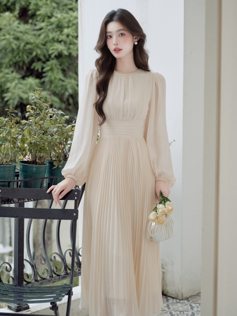 Elegant Pleated Lantern Sleeve Fit-and-Flare Maxi Dress