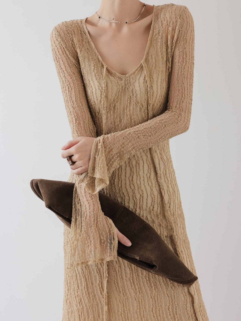 Desert Veil Khaki Mesh Tie Front V Neck Maxi Dress