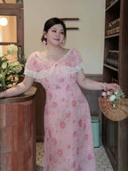 Plus Size Floral Ruffle Trim Off Shoulder Midi Dress