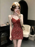Red Floral Print Lace Trim V Neck Cami Mini Dress