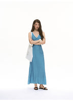 Blue Polka Dot V Neck Backless A-Line Maxi Dress