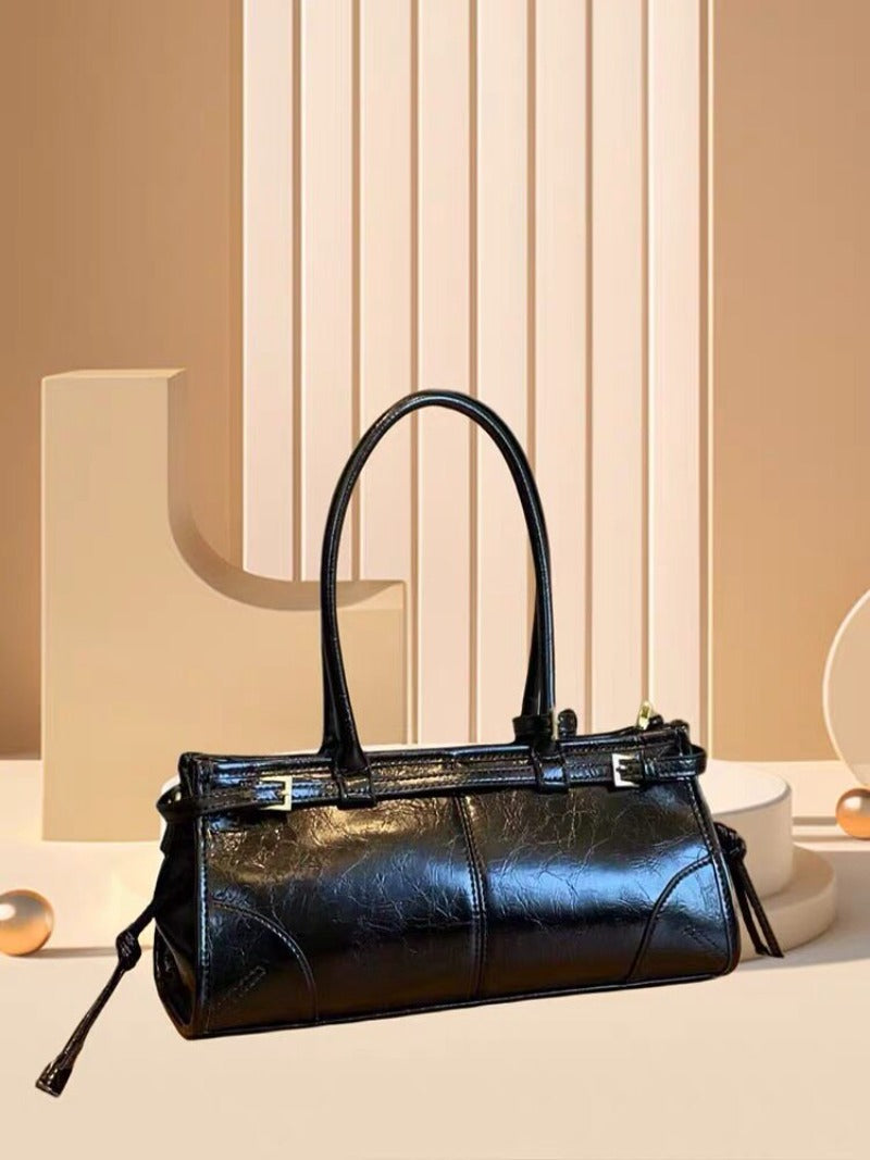 Black Glossy Shoulder Bag with Buckle Detail