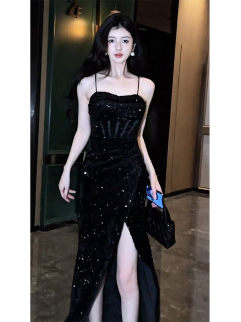 Black Sequin Spaghetti Strap High Slit Maxi Dress