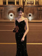 Black Sequin V Neck Fishtail Maxi Dress