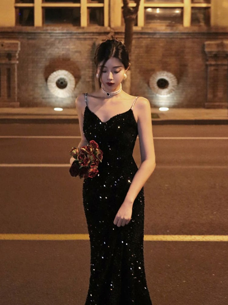 Black Sequin V Neck Fishtail Maxi Dress