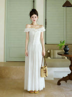 White Convertible Ruffle Off Shoulder A-Line Maxi Dress