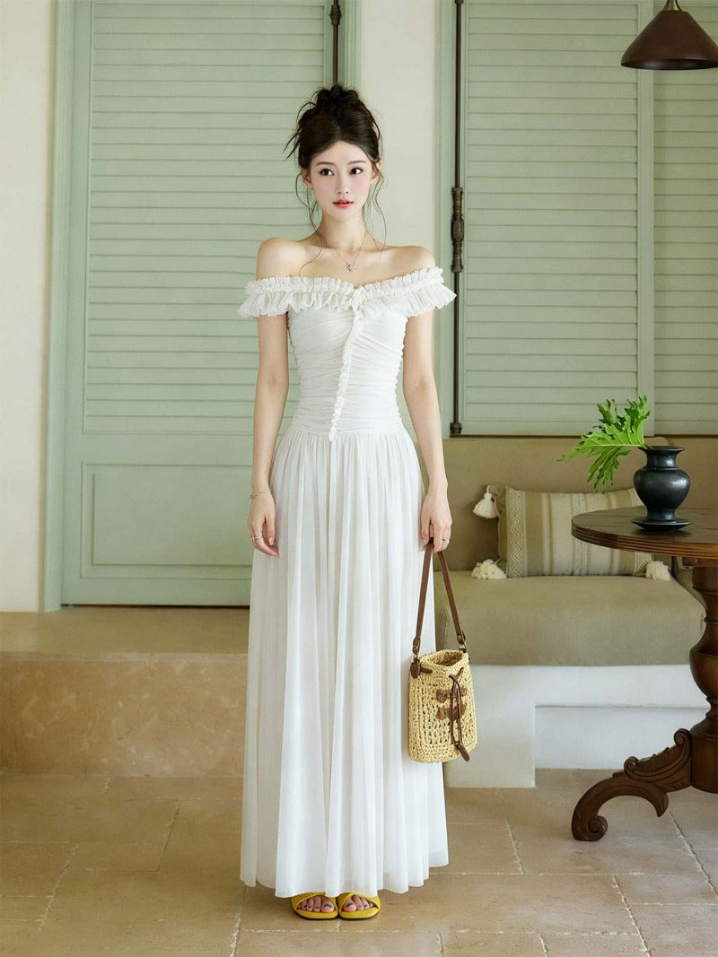 White Convertible Ruffle Off Shoulder A-Line Maxi Dress
