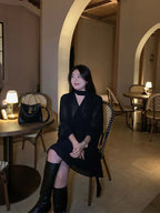 Black Tie Neck V-Neck 3/4 Sleeve Chiffon A-Line Mini Dress