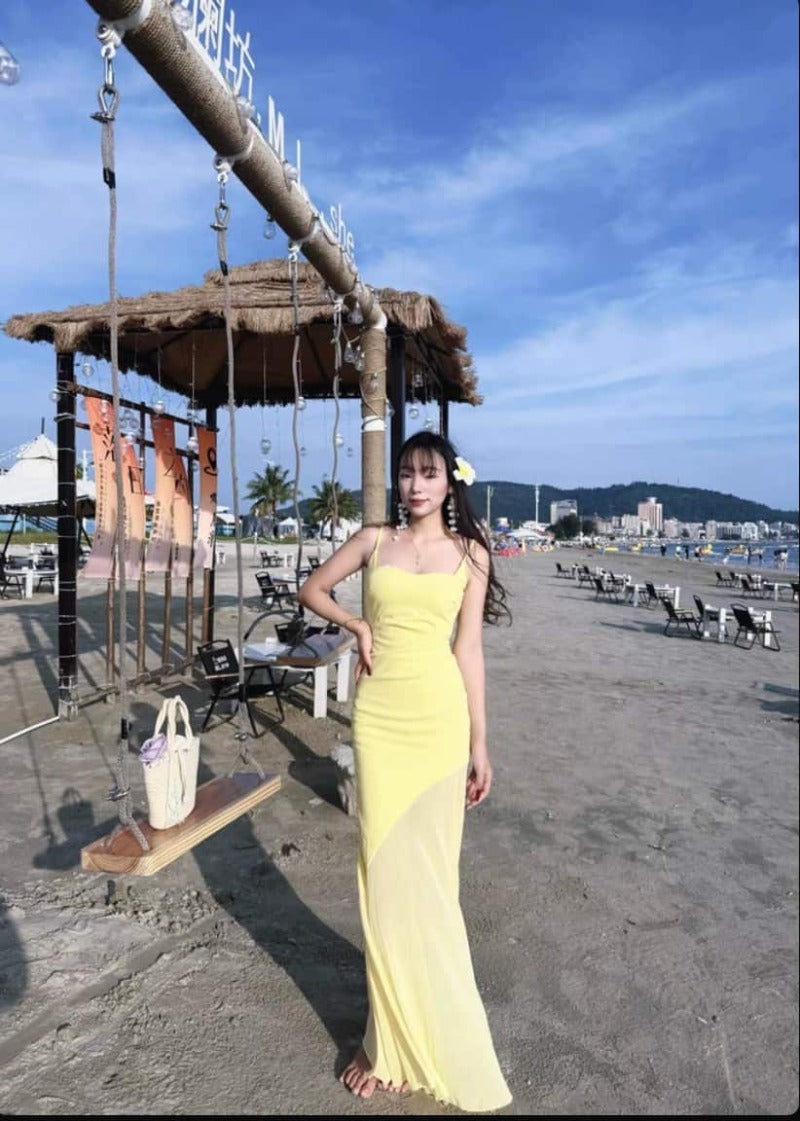Sunlit Yellow Mesh Panel Mermaid Maxi Dress