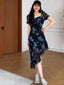 Black Blue Butterfly Square Neck Asymmetric Chiffon Dress