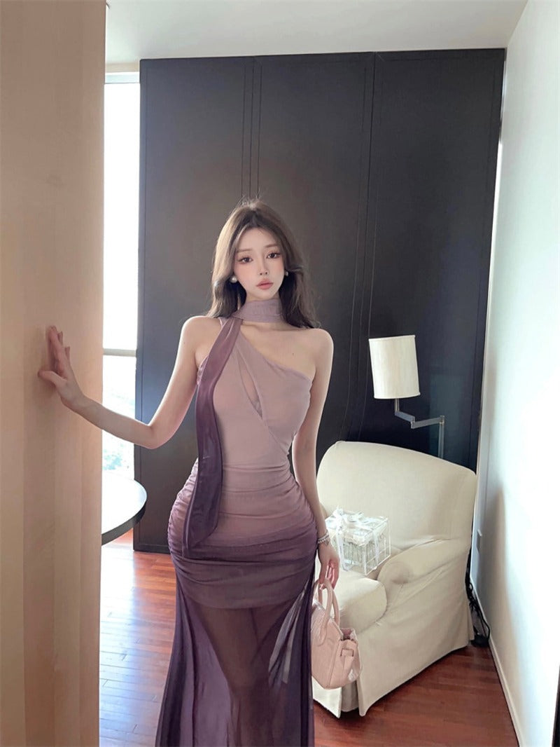 Sultry Purple Gradient Scarf Neck Mesh Maxi Dress