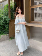Light Blue Tassel Trim Off-Shoulder Maxi Dress