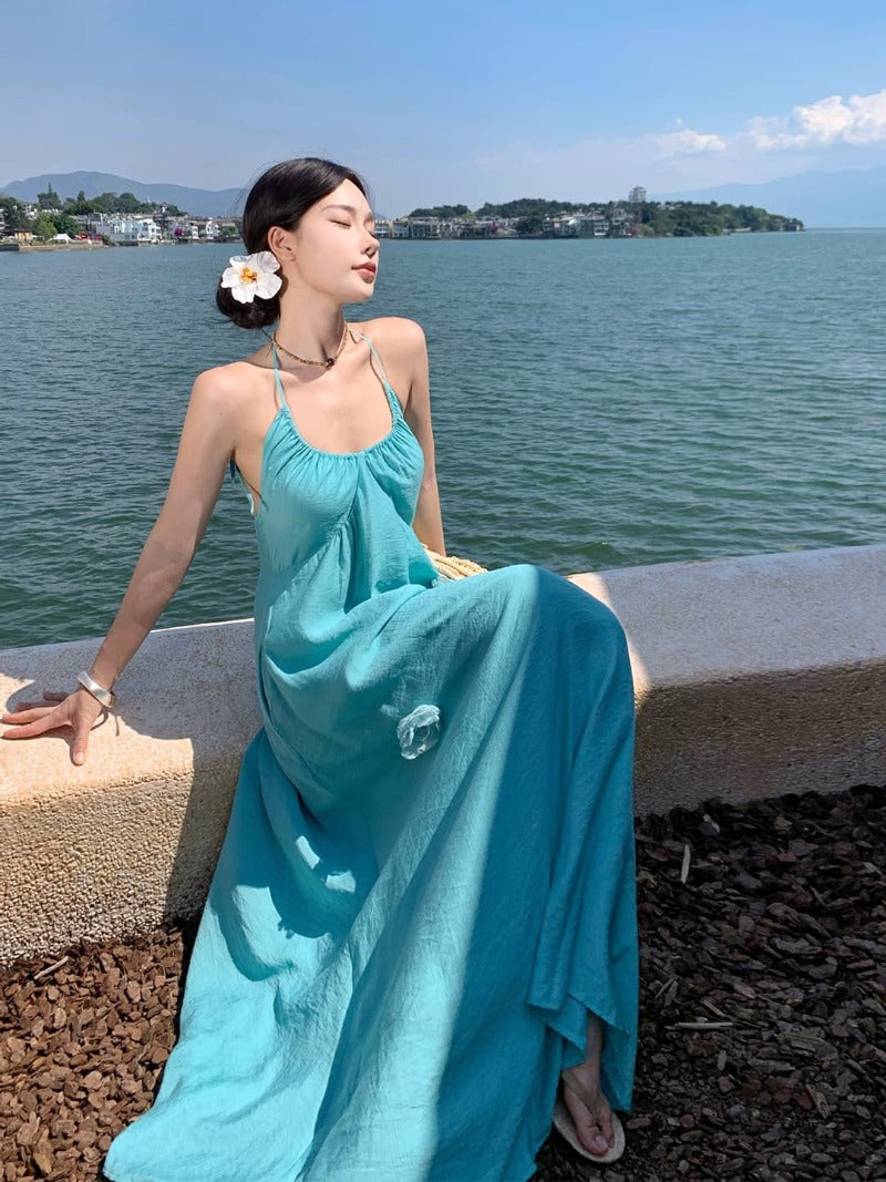 Halter Neck Backless Rosette A-Line Maxi Dress
