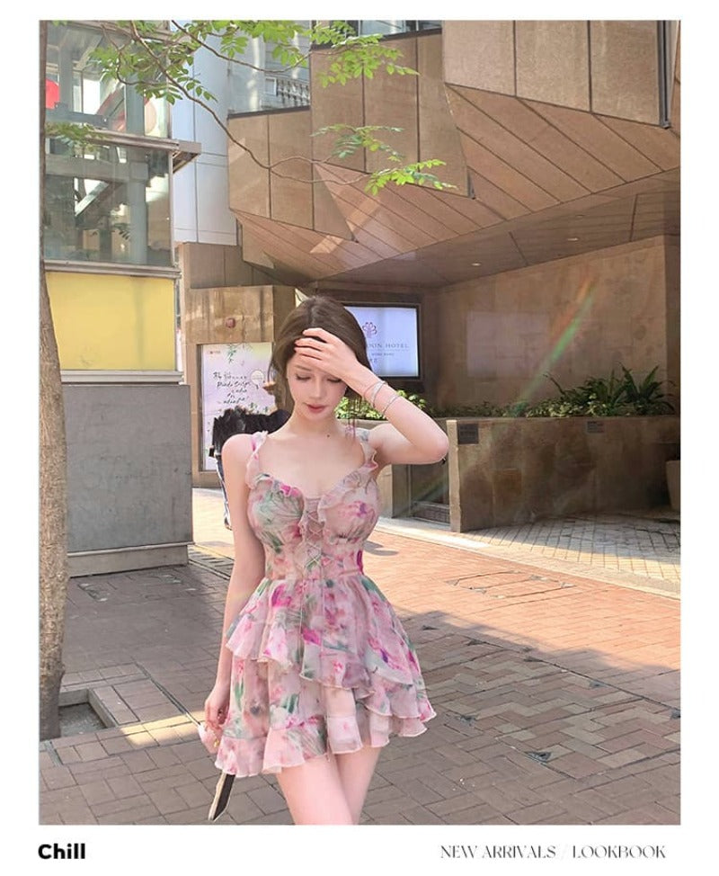 Floral Ruffle Strap Lace Up Fit And Flare Mini Dress