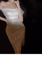 White Sequin Off Shoulder Ruched Bodycon Midi Dress