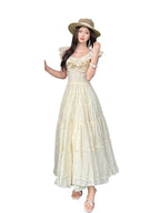 Ivory Ruffle Neck Embroidered Tiered Maxi Dress