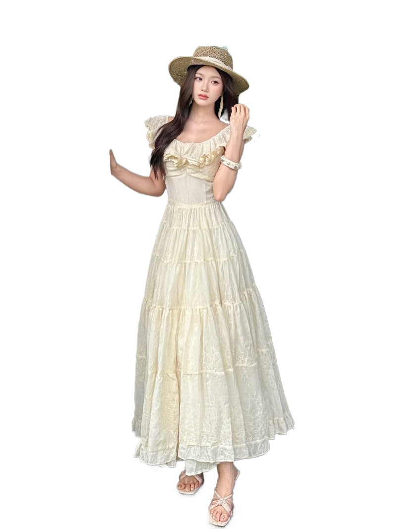 Ivory Ruffle Neck Embroidered Tiered Maxi Dress