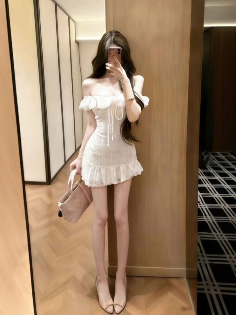 White Off Shoulder Ruffle Trim Ruched Bodycon Mini Dress