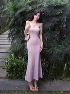 Dusty Pink Off Shoulder Ribbed Knit Mermaid Maxi Dress