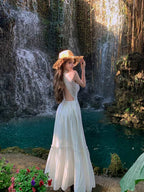 White Lace Trim Open Back V Neck A-Line Maxi Dress