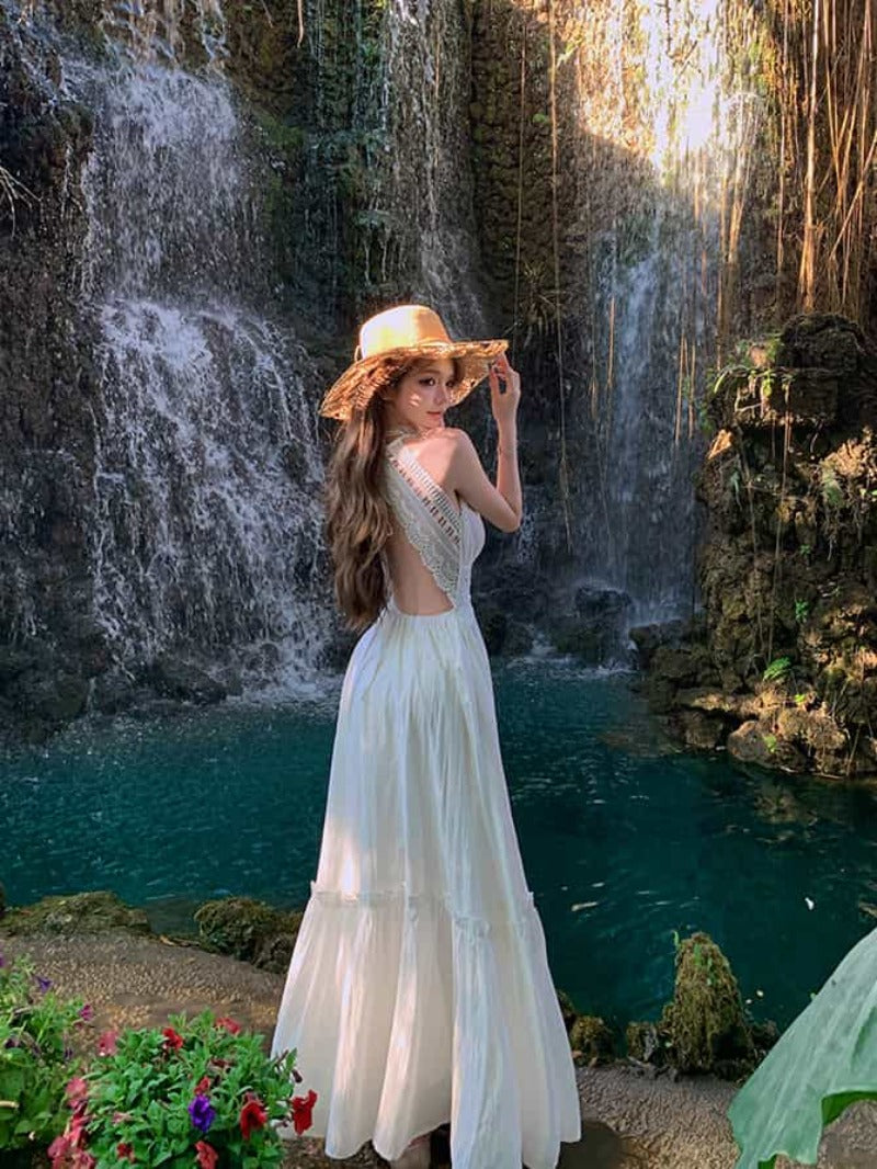 White Lace Trim Open Back V Neck A-Line Maxi Dress