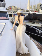Ivory Lace Trim Backless Tie Back A-Line Maxi Dress