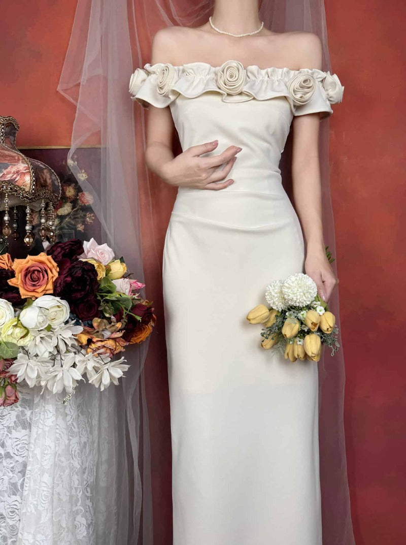Off Shoulder Rose Appliqué Slit Maxi Dress