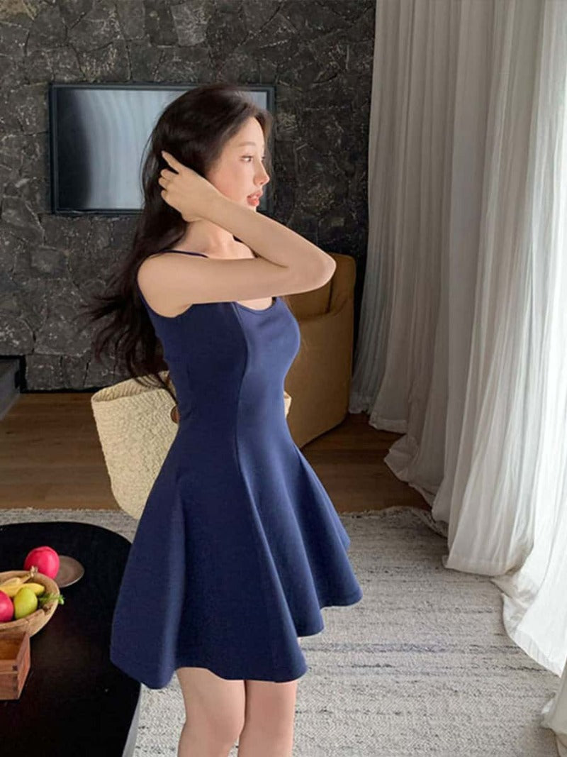 Navy/Green/Grey/Black Square Neck Sleeveless A Line Mini Dress
