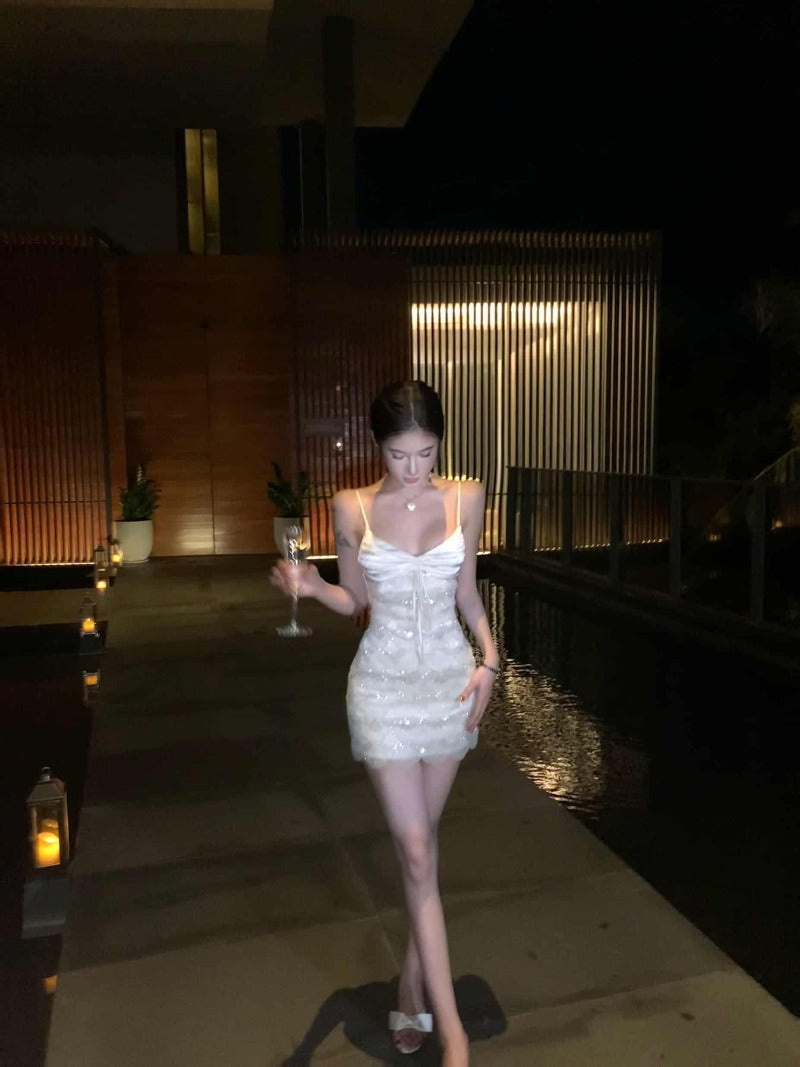 White Sultry Satin Sequin Bodycon Mini Dress