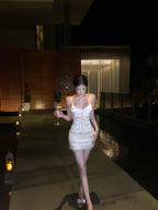 White Sultry Satin Sequin Bodycon Mini Dress