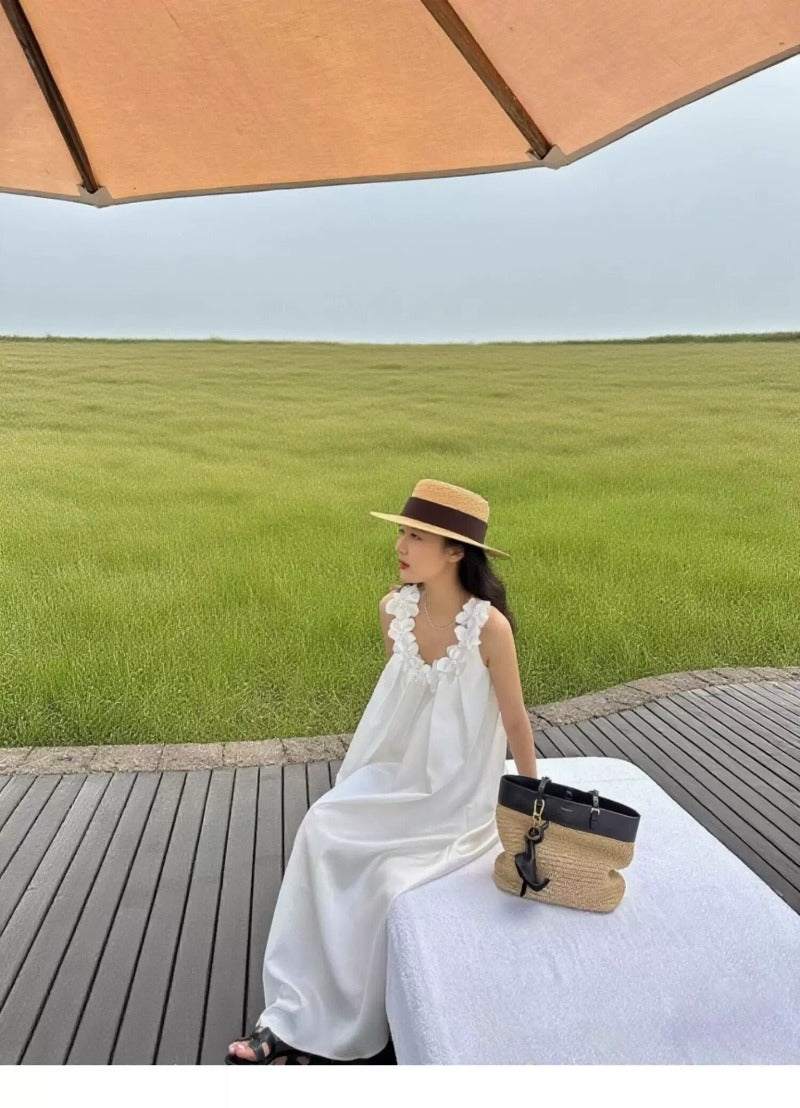 White Floral Trim Round Neck Sleeveless Relaxed A-Line Maxi Dress