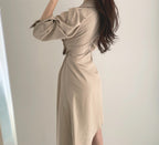 Apricot/Black Collared Wrap Asymmetric Hem Shirt Dress