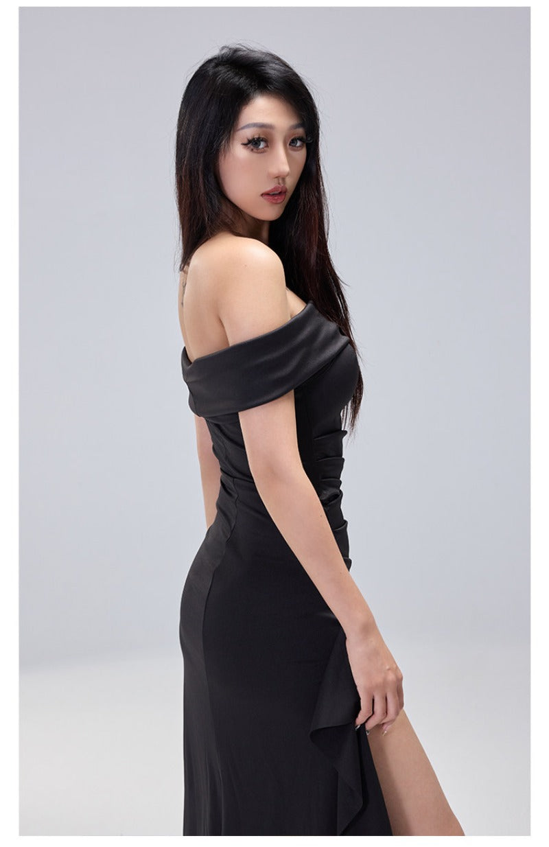 Black Off Shoulder Ruched High Slit Maxi Dress