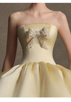 Pale Yellow Strapless Rhinestone Bow Bubble Mini Dress