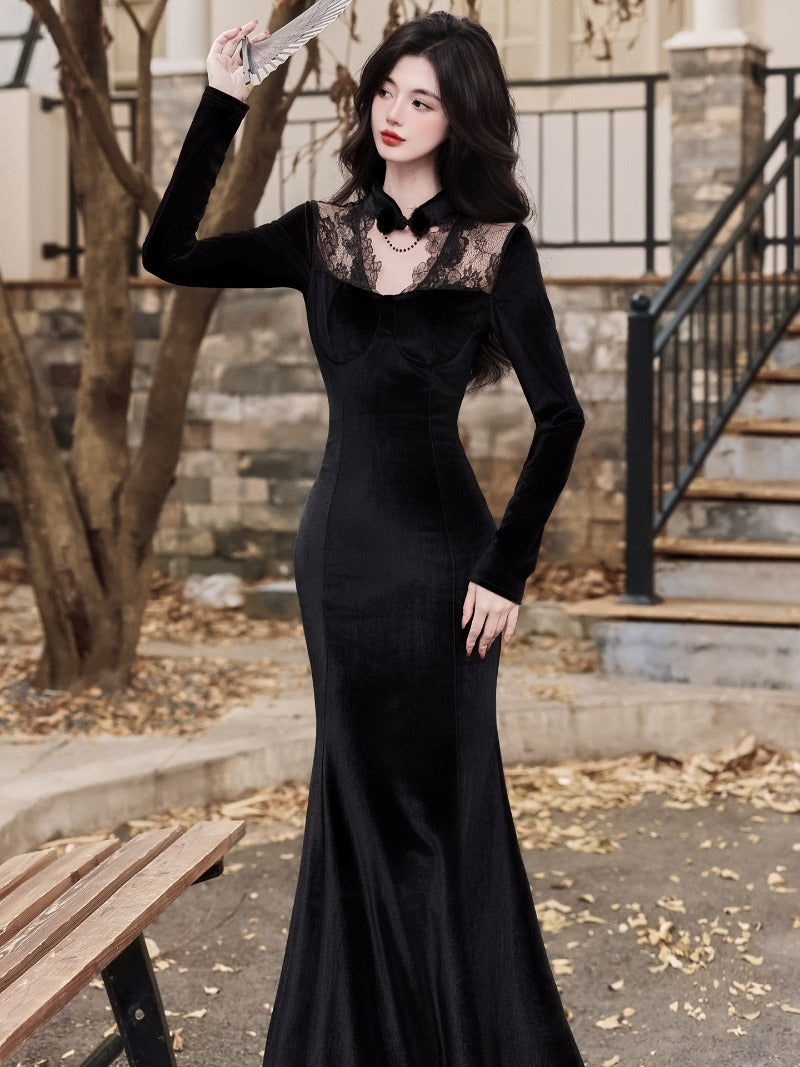 Black Velvet Lace High Neck Mermaid Maxi Dress