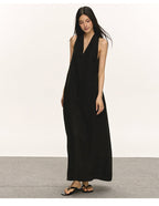 Lyocell Linen V Neck Sleeveless A-Line Maxi Dress