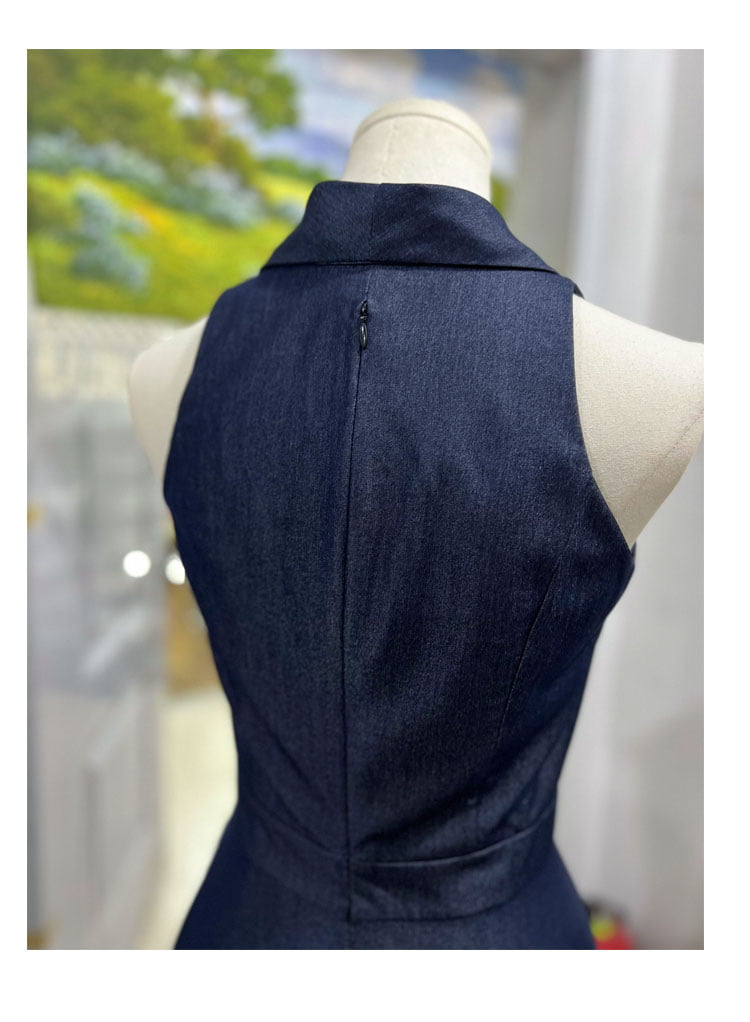 Denim Blue Collared Fit-And-Flare Midi Dress