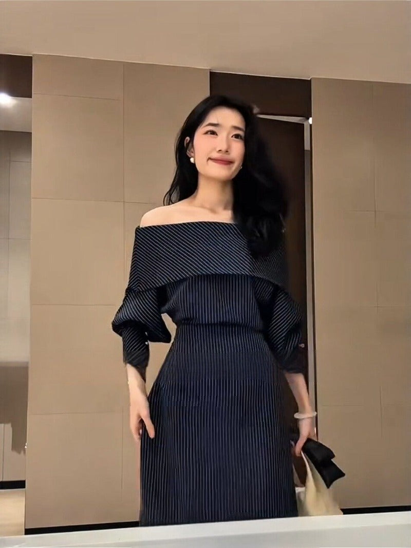 Off-Shoulder Pinstripe Long Sleeve Maxi Dress