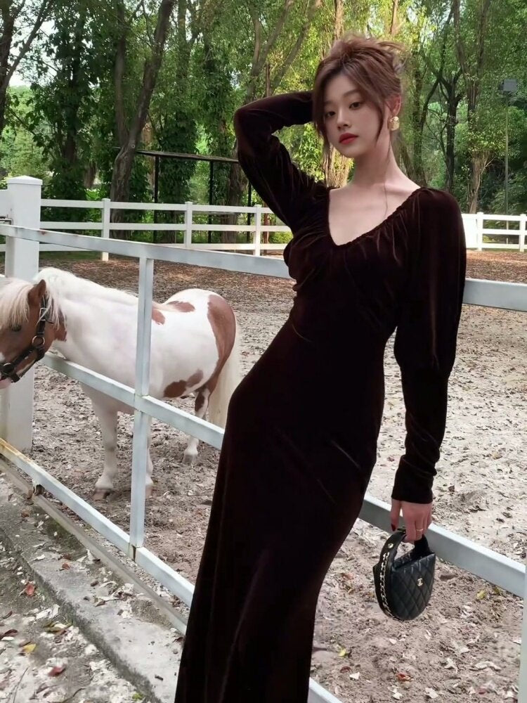 Coffee Velvet Ruched V Neck Long Sleeve Bodycon Maxi Dress