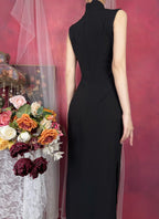 Black Mandarin Collar Butterfly Embroidered Side Slit Midi Dress