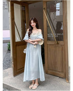 Light Blue Tassel Trim Off-Shoulder Maxi Dress