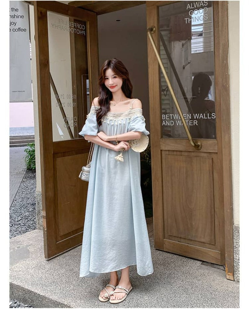 Light Blue Tassel Trim Off-Shoulder Maxi Dress