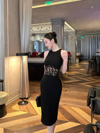 Black Round Neck Lace Waist Sleeveless Bodycon Midi Dress